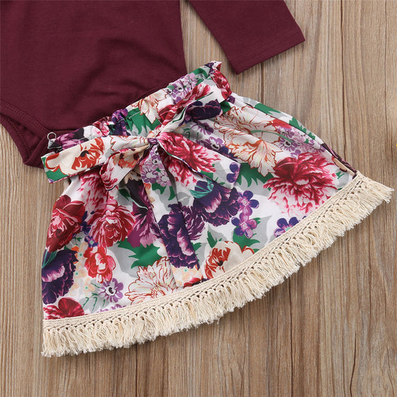 Maroon Baby Onesie and Floral Skirt with Headband | Available in Several Sizes