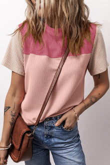  Pink Rib Textured Colorblock T Shirt | Available in 4 Colors