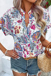 Sky Blue Floral Print Casual V Neck Short Sleeve Blouse