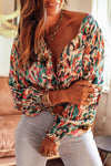 Multicolor Abstract Print Boho V Neck Shirred Cuffs Blouse