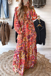 Multicolor Abstract Print Boho V Neck Tassel Tie Maxi Dress