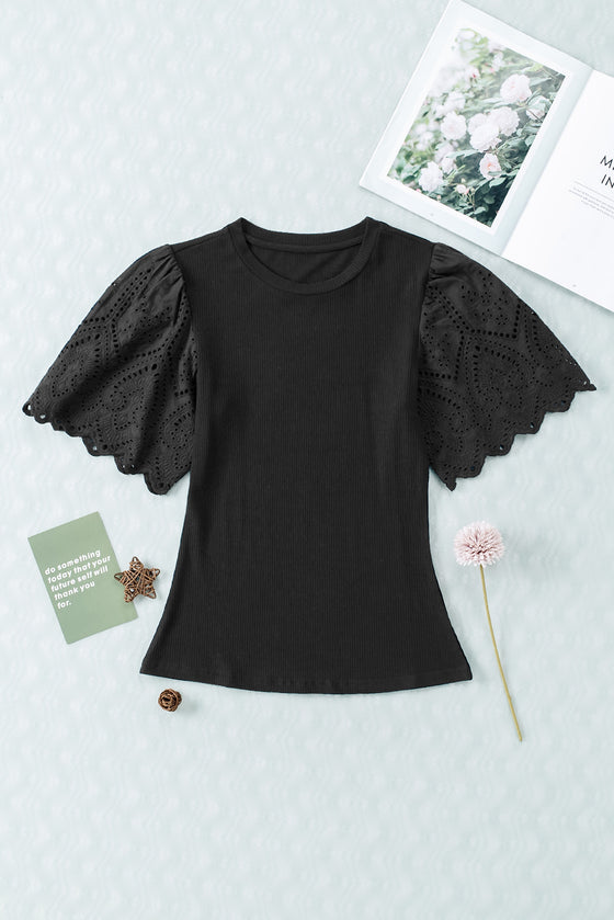 Black Eyelet Flutter Sleeve Crew Neck Ribbed Knit Top