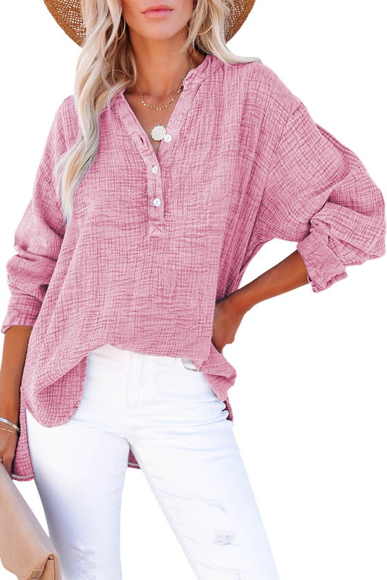 Loose Crinkle Button V Neck Henley Top | Available in 4 Colors