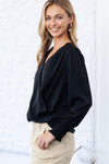 Khaki Basic Drape V Neck Long Sleeve Blouse | Available in 3 Colors