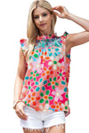 Pink Boho Floral Print Ruffle Mock Neck Sleeveless Shirt