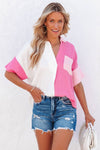 Hot Pink Color Block Short Sleeve Polo Blouse