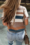 Camel Striped Colorblock Knit Short Sleeve T-shirt