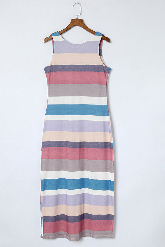 Multicolor Stripe Print Slit Maxi Tank Maxi Dress