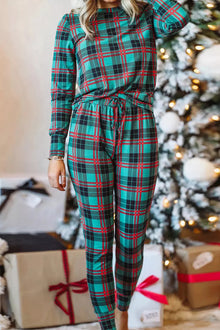  Green Plaid Long Sleeve Top & Drawstring Joggers Loungewear Set