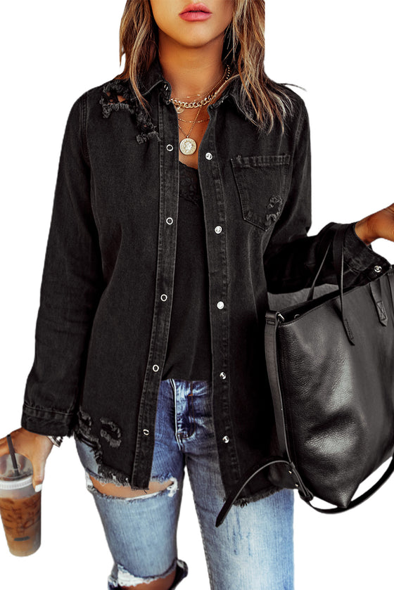 Black Ripped Raw Hem Button Up Denim Shacket