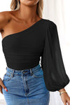 Black One Shoulder Mesh Long Sleeve Bodysuit