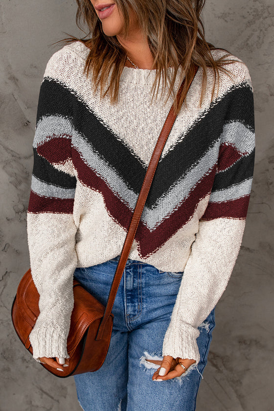 Beige Chevron Casual Drop Shoulder Knit Sweater