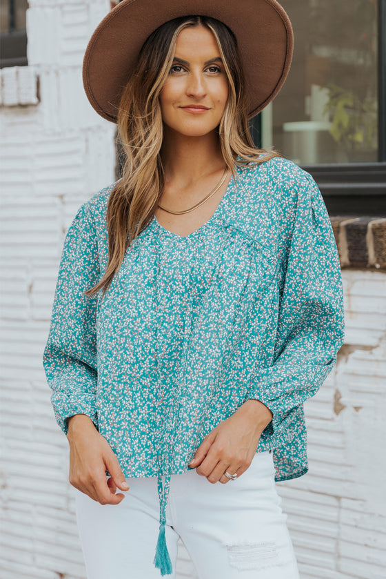 Light Blue Floral Print Boho Lace Up High Low V Neck Blouse