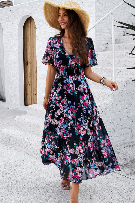 Black Floral Print Shirred Waist V Neck Maxi Dress