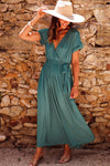 Green Wrap V Neck Belted Pleated Maxi Dress