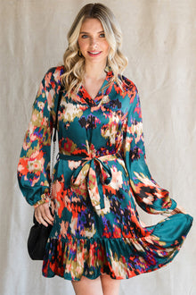  Abstract Print Waist Belted Long Sleeve Dress | Other Colors Available