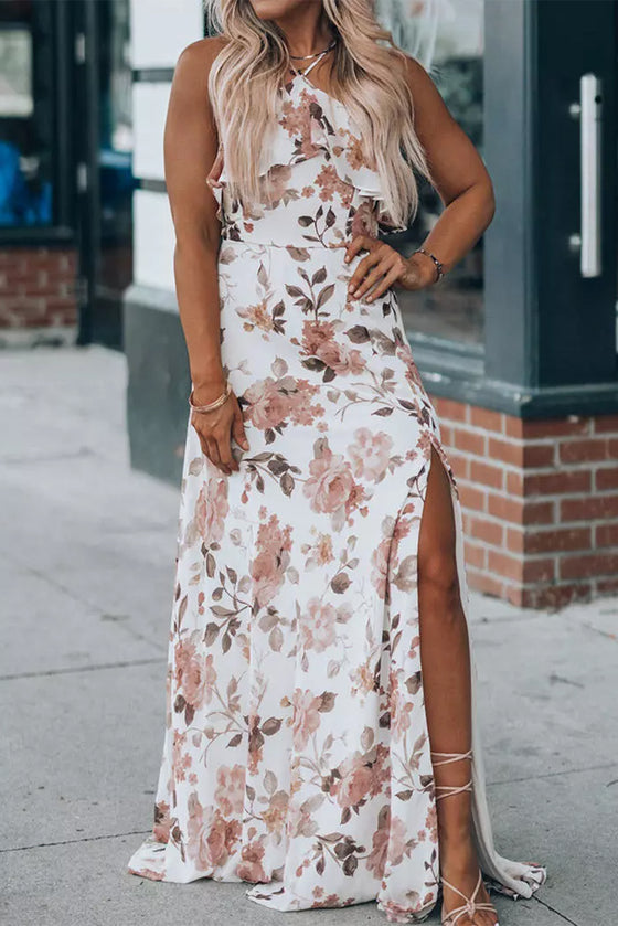 White Floral Slit Ruffled Halter Neck Maxi Dress