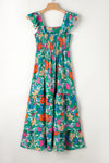 Green Boho Floral Print Ruffle Sleeveless Tiered Maxi Dress