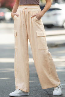  Apricot Loose Drawstring High Waist Crinkled Cargo Pants