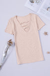 Blush Pink Ribbed Cut Out V Neck T Shirt | Available in Black