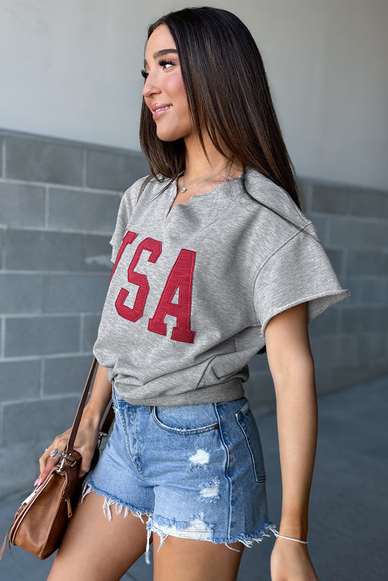 Black USA Lettering Patch Notched Neck Loose Tee