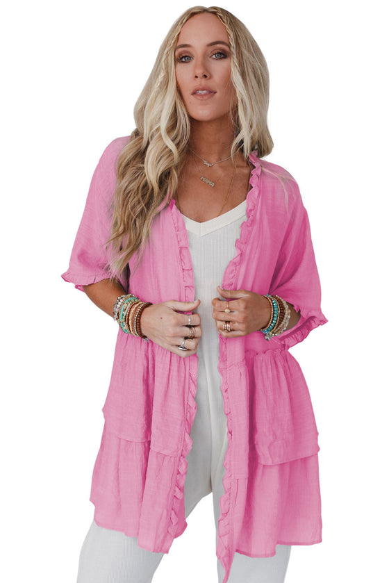 Green Ruffled Trim Short Sleeve Open Front Kimono | Available in Other Colors