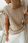 Khaki Cable Knit Textured Ruffle Short Sleeve Sweater