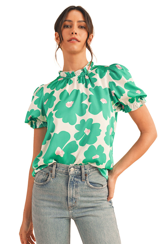 Green 60s Floral Print Puff Sleeve Frill Neckline Blouse