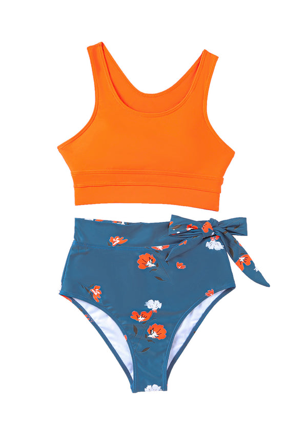 Orange Casual Floral Printed Waist Lace Up High Waist Bikini | Available in 2 Colors