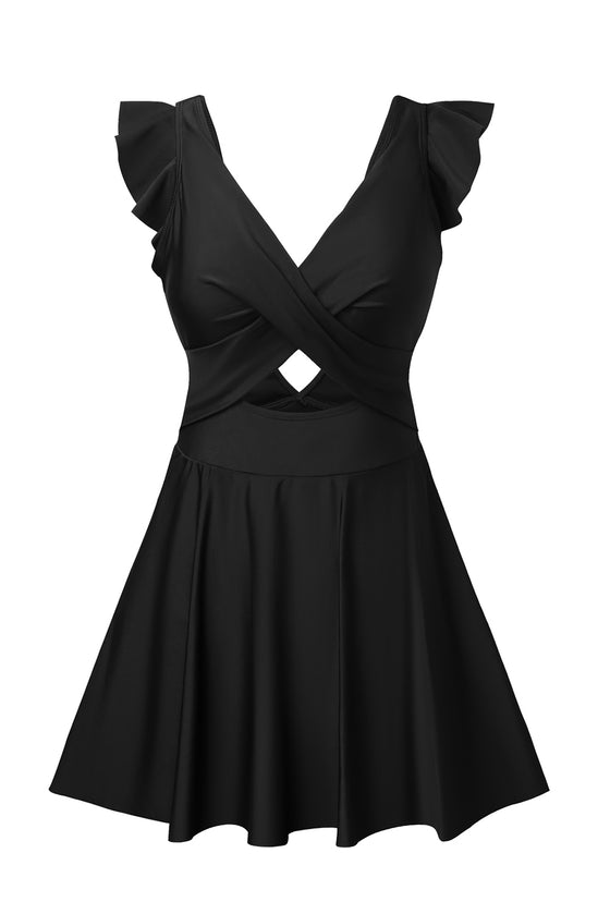 Black Cut Out Ruffle Crossed One Piece Swim Dress | Available in 2 Colors