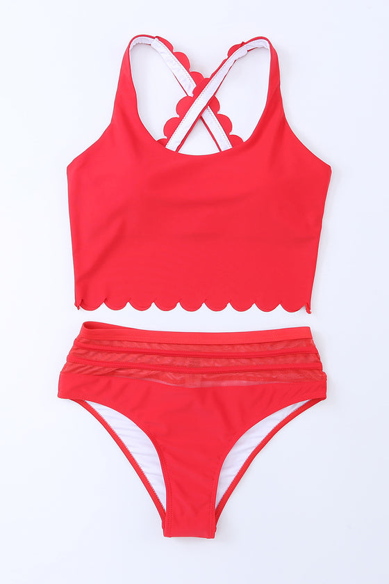 Rose Scalloped Sleeveless High Waisted Two-Piece Swimsuit | Available in 2 Colors