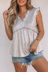 Khaki Frilled V Neck Metallic Crinkle Sleeveless Blouse