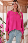 Rose Red Textured Sleeve Split Top