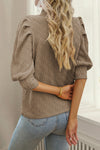 Taupe Textured Ruched Puff Sleeve Mock Neck Top | Available in 2 Colors