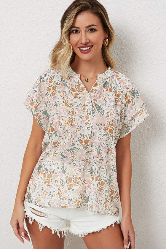 Floral Button Notch Neck Ruffle Sleeve Blouse | Available in 2 Colors