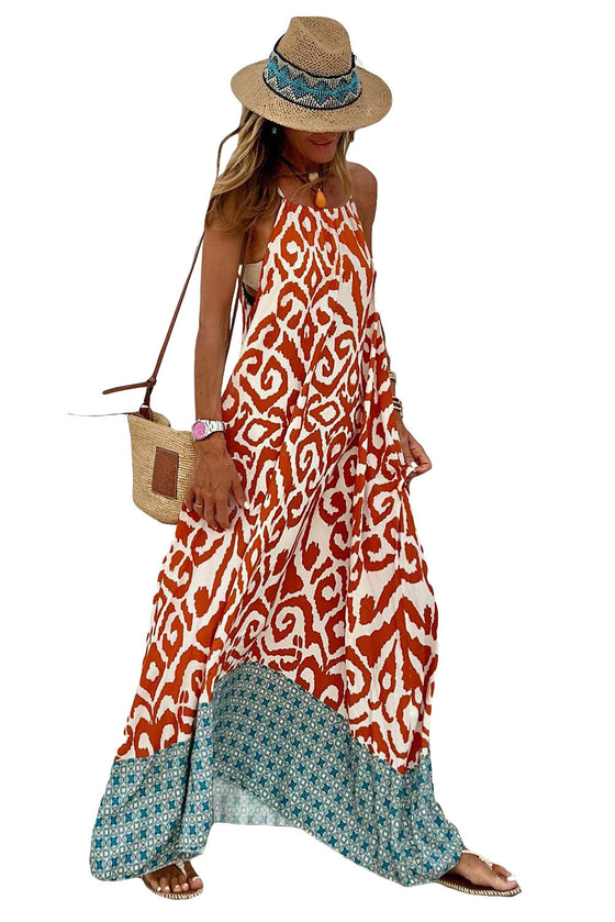 Orange Boho Geometric Print Sleeveless Maxi Dress