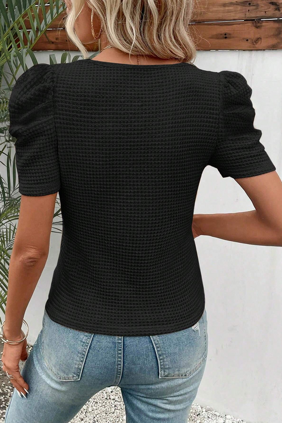 Black Scoop Neck Waffle Knit Puff Sleeve Top | Available in Pink