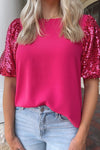 Rose Red Sequins Splicing Puff Sleeve T-Shirt