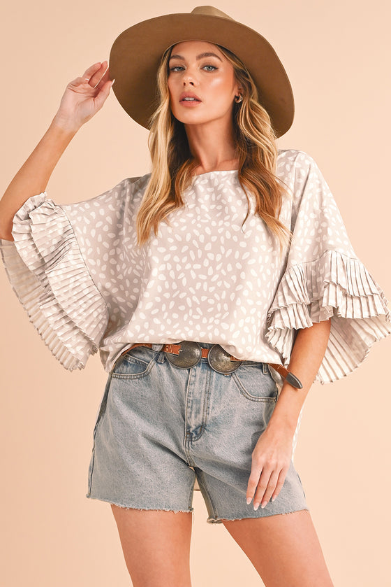 Khaki Spotted Print Loose Fit Ruffle Sleeve Blouse