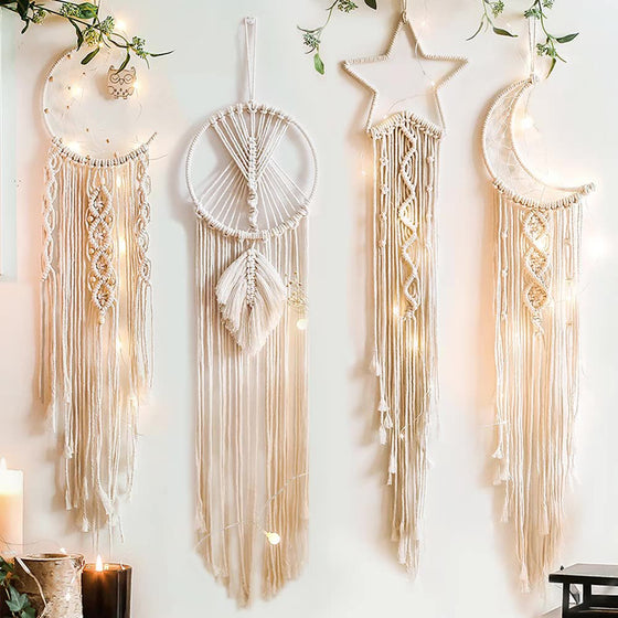 4 Piece Woven Moon and Star Tapestry Set with LED Lights