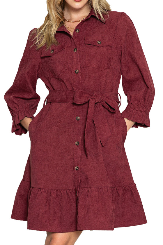 Ruby Corduroy Belted Ruffle Hem Mini Dress