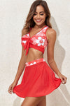 Fiery Red 3pcs Flower Printed Crossed Top and A Line Skirt Bikini Set