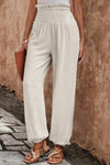 Beige Smocked High Waist Loose Jogger Pants