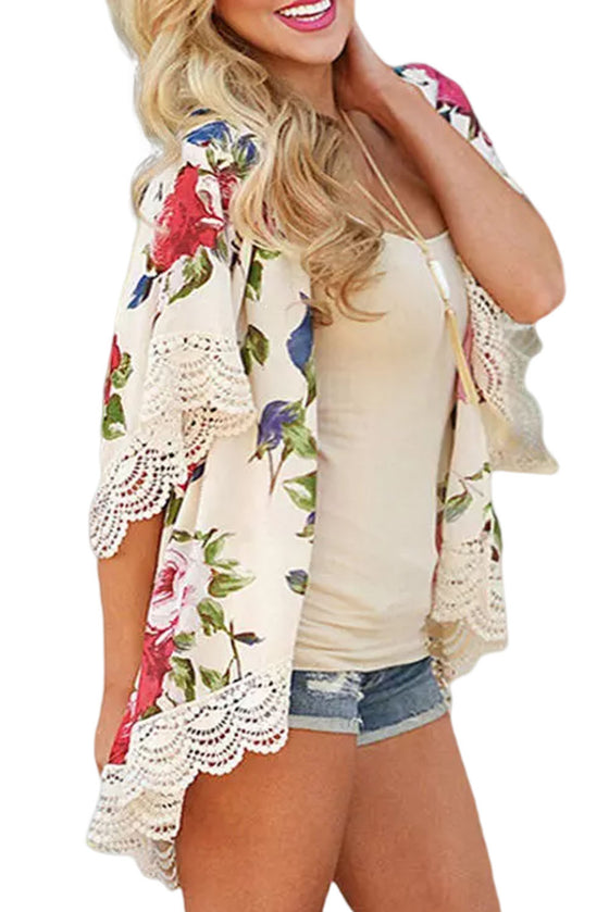 Beige Floral Print Scalloped Lace Kimono