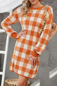  Orange Plaid Casual Drop Sleeve Knit Sweater Dress