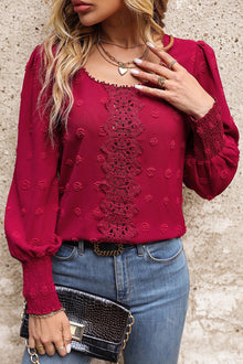  Red Swiss Dot Lace Splicing Shirred Cuffs Blouse