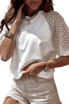 White Pointelle Lace Sleeve Loose Round Neck Tee