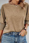 Black Plain Smocked 3/4 Sleeve Casual Loose T Shirt | Available in 3 Colors