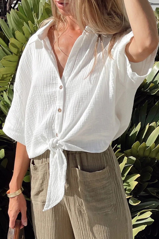 White Textured Knotted Button-up Half Sleeve Blouse