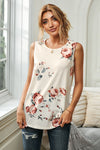 Floral Print Round Neck Casual White Tank Top